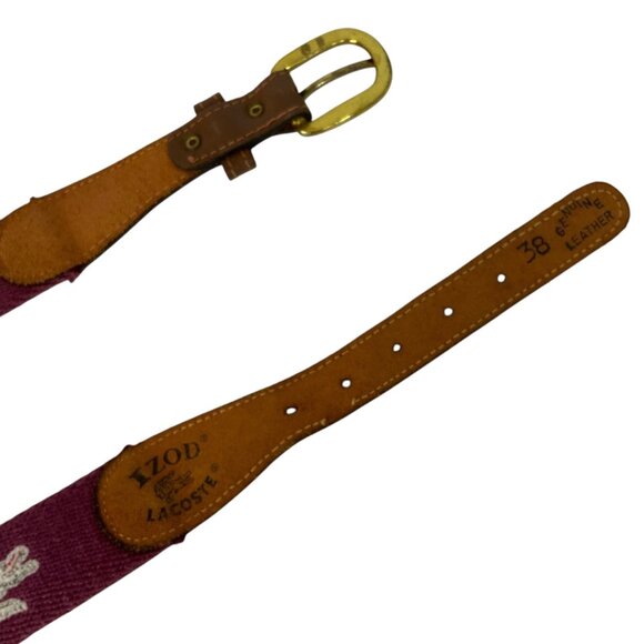 Vintage Izod Lacoste Belt Size 38 Striped Canvas Tabbed Leather Burgundy Navy - Picture 3 of 3